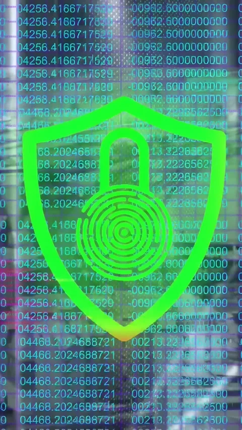 Vertical video: Translucent shield appearing over code matrix, pulsing and Stock Footage 333069561