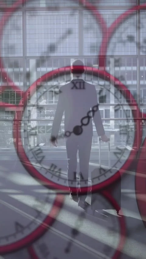 Vertical video: Traveler pulling case walking toward windows, clock overlay Stock Footage 329913176