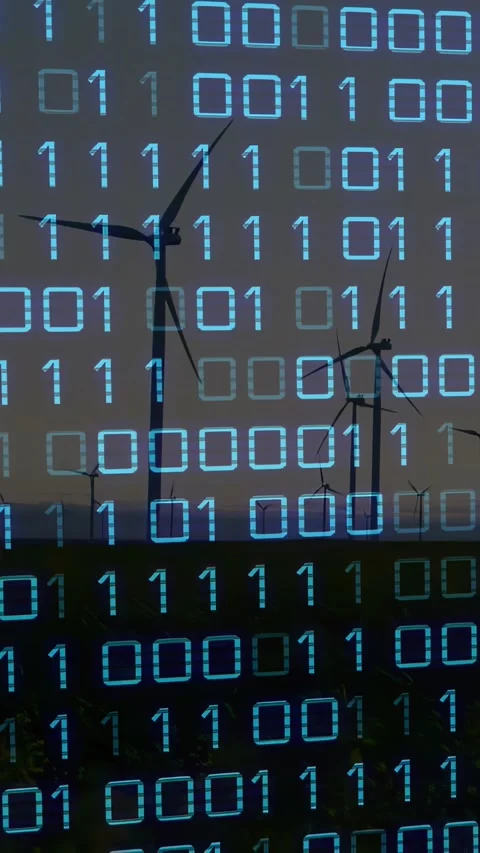 Vertical video: Turbines rotating, binary grid appearing over field, scrolling, 스톡 동영상 330359191
