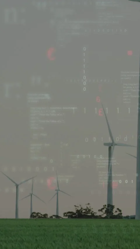 Vertical video: Turbines rotating in wind, faint HUD over turbines pulsing red Stock Footage 334547720