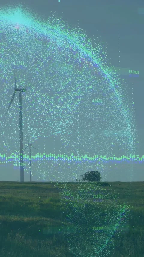 Vertical video: Turbines sending data, creating holo dome and horizon wave, Stock Footage 333005820