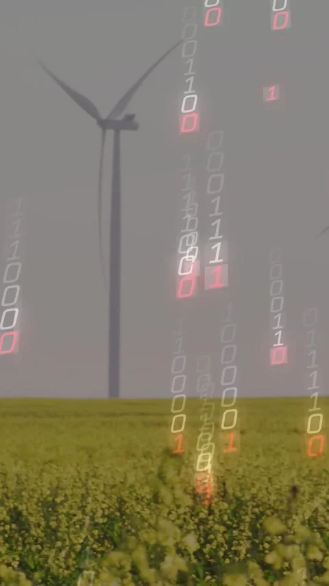 Vertical video: Turbines turning from wind; binary code falling brighter, Stock Footage 334541457