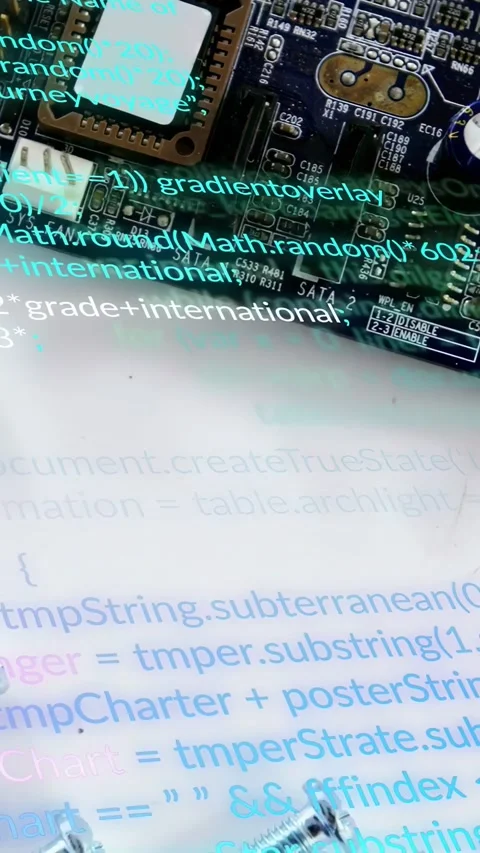 Vertical video: Turquoise code appearing, cam panning while PCB showing parts Stock Footage 332806801