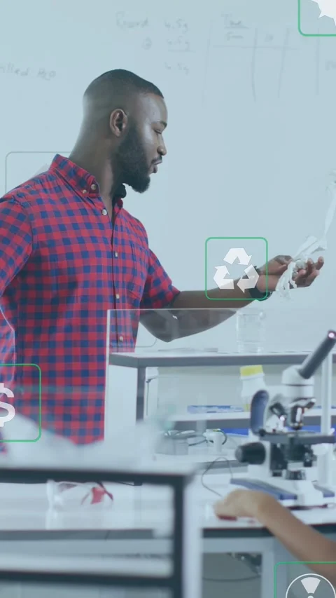 Vertical video: Tutor aligning picking bone showing skeleton teaching eco icons Stock Footage 332734827