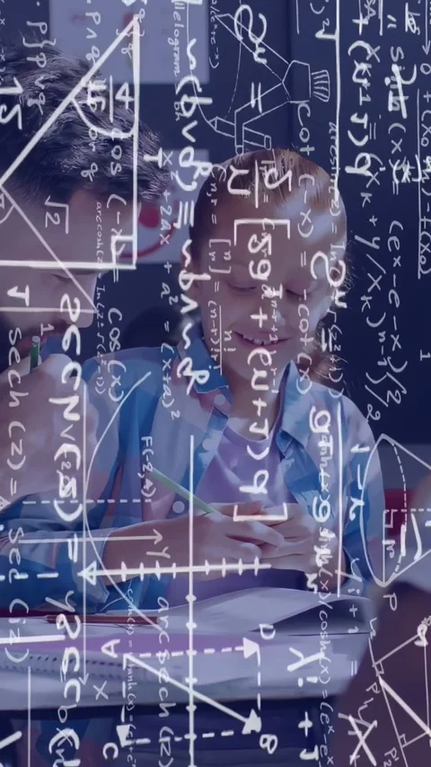 Vertical video: Tutor leaning in and pointing, kid writing and learning, math Stock Footage 334378713