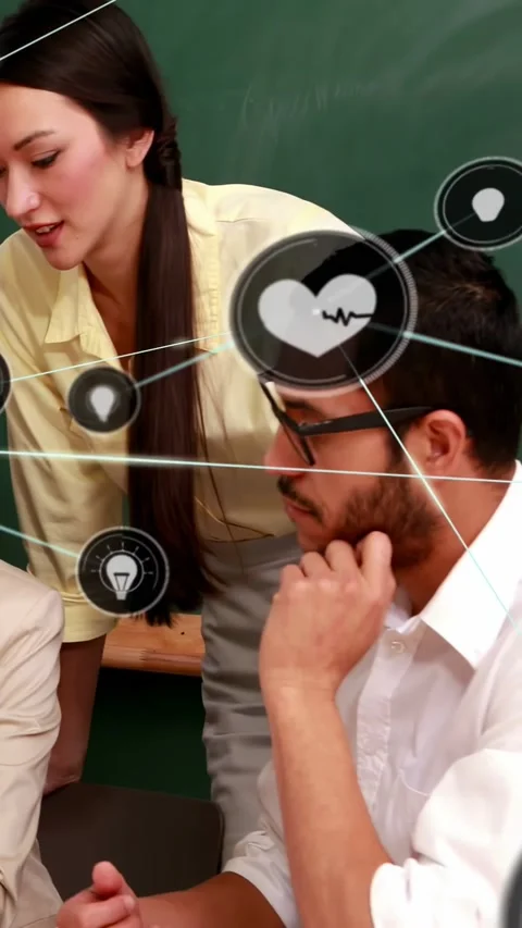 Vertical video: Tutor leaning, pointing, sparking AR heart nodes linking ideas Stock Footage 332507011