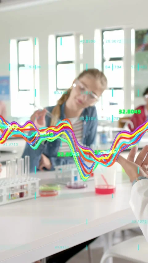 Vertical video: Tutor raising beaker teaching students using test tubes, AR Stock Footage 334694875