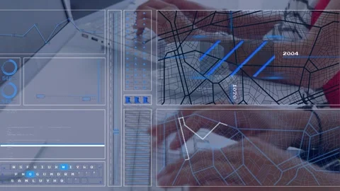 Vertical video: Two adults typing keys and making logistics HUD appear, updating Stock Footage 332746890