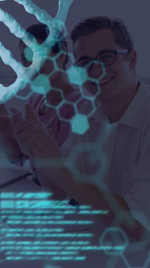 Vertical video: Two attendees clapping after cue in lab meeting, DNA helix Stock Footage 333079683