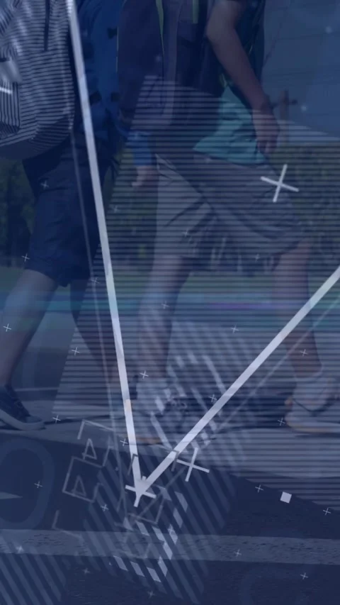 Vertical video: Two boys stepping across zebra crosswalk to school, blue overlay Stock Footage 329913161