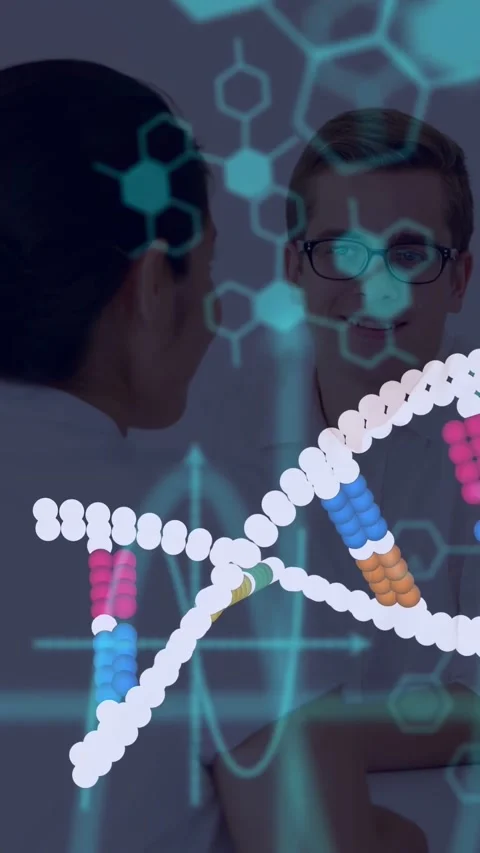 Vertical video: Two doctors tapping tablet and reviewing genetic data, DNA helix Stock Footage 333006353