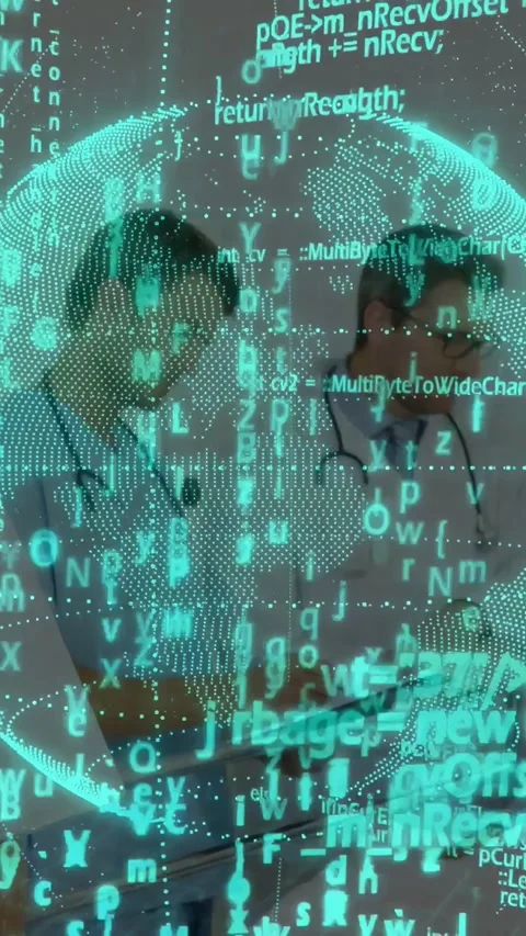 Vertical video: Two Drs tapping tablet noting chart sparking aqua globe  and  Stock Footage 333036719