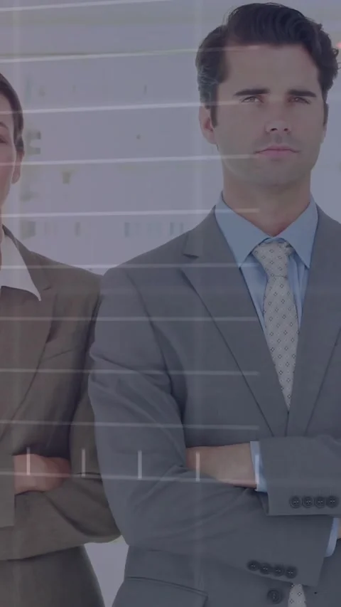 Vertical video: Two execs posing, frames advancing, animating market charts Stock Footage 331738976