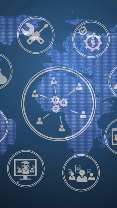 Vertical video: Two gears appearing on map, forming hub, linking users, ring Stock Footage 332984921