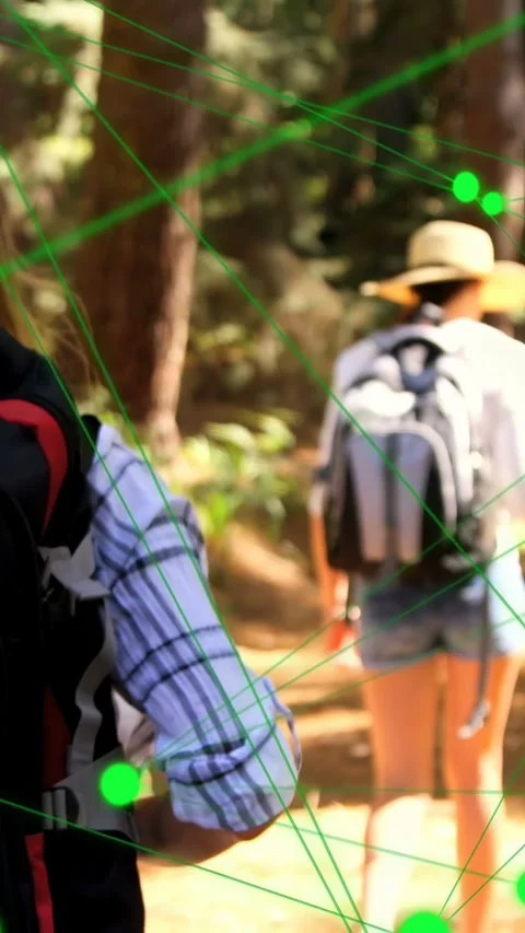 Vertical video: Two hikers walking trail, pan causing green node net crossing Video stock 334128180