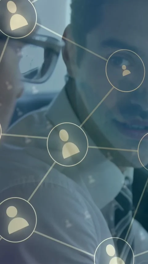 Vertical video: Two men in car, node popping network overlay over faces, Vidéo 334694989