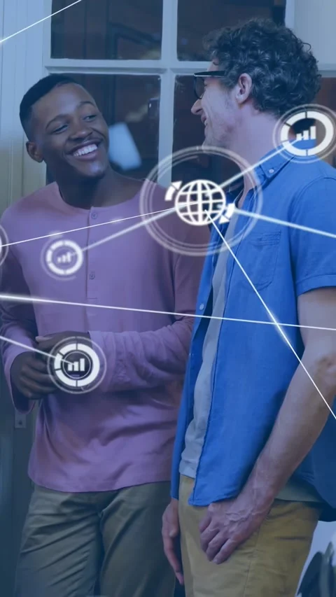 Vertical video: Two men catching up on porch, sparking technology icons Stock Footage 331047248