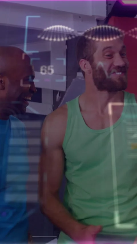 Vertical video: Two men in gym laughing, blue man stepping after joke, HUD above Stock Footage 331166751