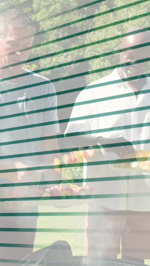 Vertical video: Two men joining plates, placing skewers on grill for BBQ, green Stock Footage 333839871