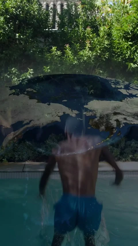 Vertical video: Two men running toward pool deck, stepping off and jumping, Stock Footage 333821729