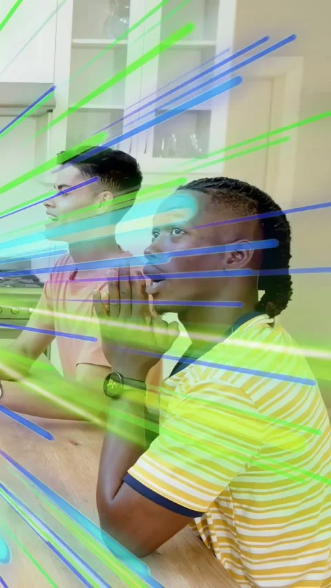 Vertical video: Two men sitting and reacting to moving color streak, leaning, Stock Footage 333037074