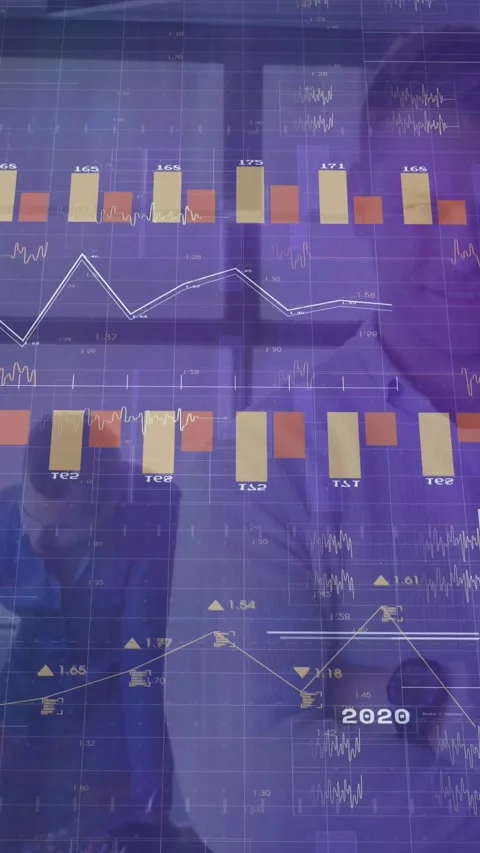 Vertical video: Two men standing, data feed updating and animating bar charts Stock Footage 330333112