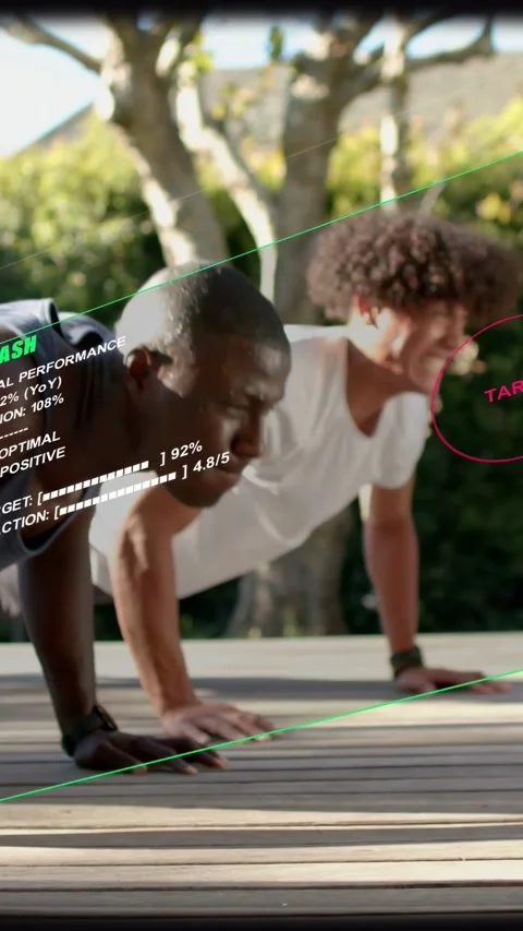 Vertical video: Two men starting plank, doing pushups on deck, fitness HUD Stock Footage 335513297