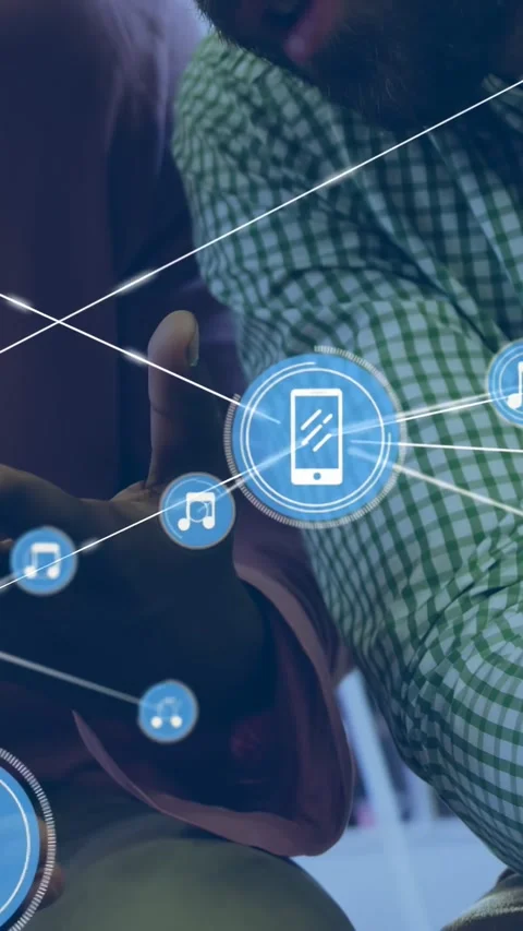 Vertical video: Two men tapping smartphone and generating expanding blue node Video stock 331050336