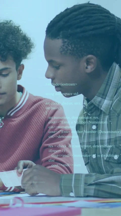 Vertical video: Two peers leaning, using device, causing code overlay Stock Footage 331050376