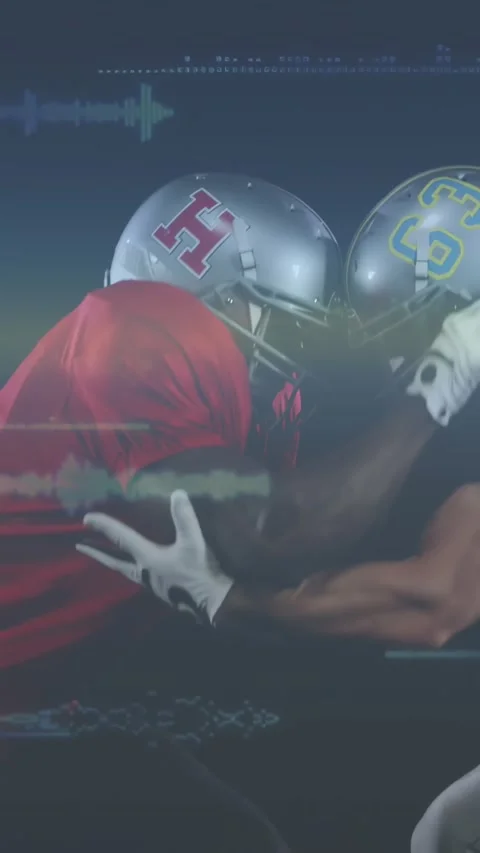 Vertical video: Two players locking helmets, left reaching and driving, HUD data Stock-Footage 331050322