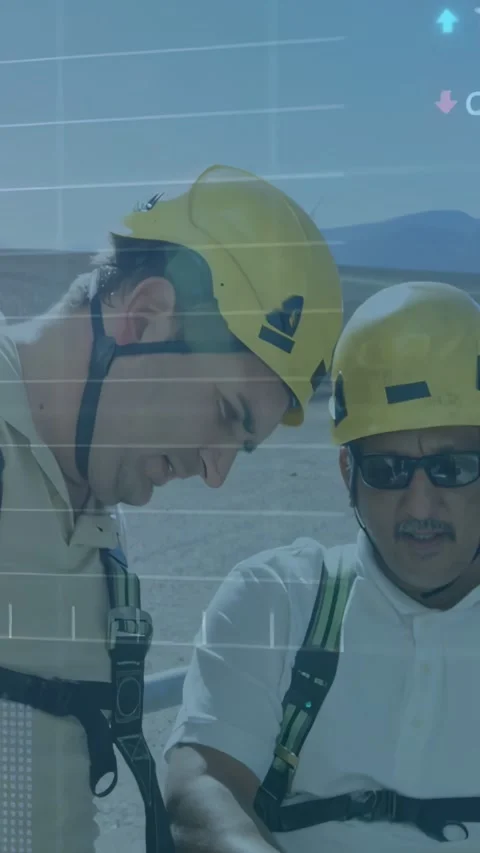 Vertical video: Two site technicians in helmets checking data, overlays Stock Footage 332507063