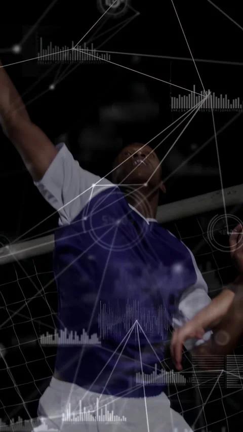 Vertical video: Two soccer players contesting header for incoming ball by goal, Stock Footage 330395636