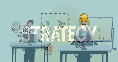 Vertical video: Two staff working STRATEGY forming animating rocket gears near Stock Footage 333833579