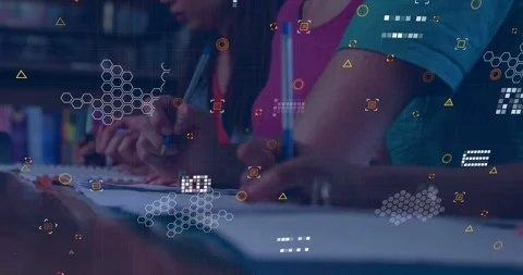 Vertical video: Two students taking notes, pen motion activating hexagon HUD Stock Footage 331176311