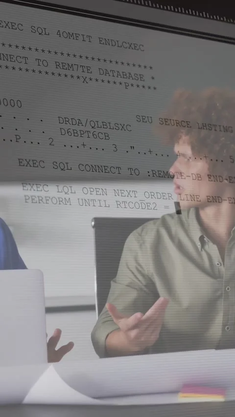 Vertical video: Two tech pros reviewing code, laptop causing terminal text Vídeos de archivo 334604570