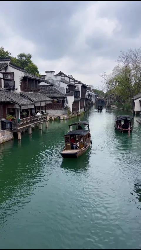 Vertical Video Two Traditional Sculling Boats Sailing on Canal in Ancient Ch Stock Footage 326848890