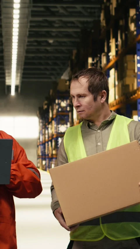 Vertical Video Two warehouse colleagues organizing pallets and packages with Stock Footage 333089960