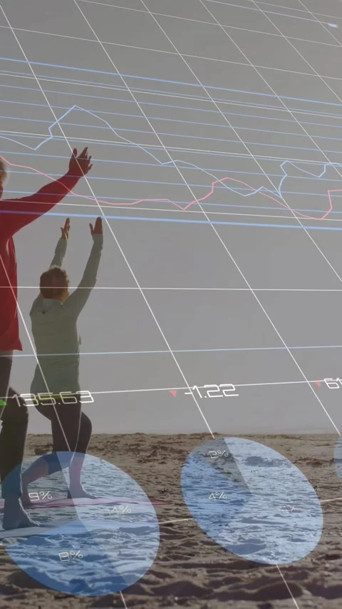Vertical video: Two women walking beach, slowing into lunges for fitness with Stock Footage 333513391