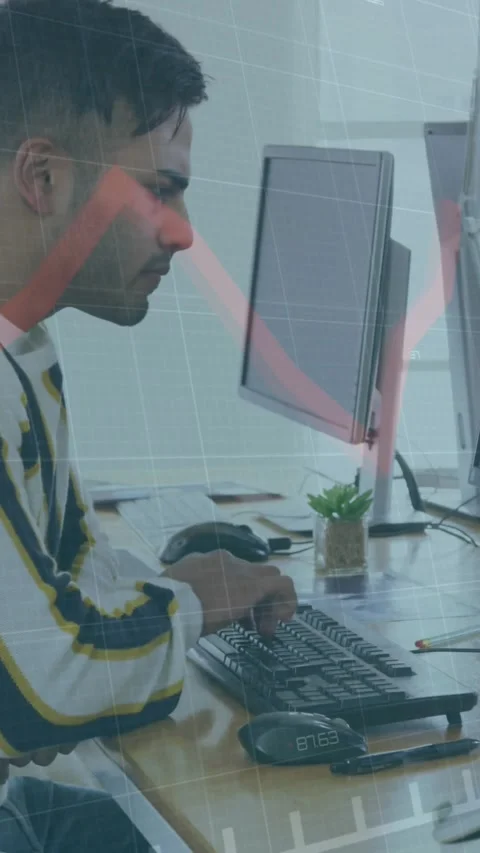Vertical video: Typing causing overlays man pausing using mouse leaning studying Stock Footage 331030562