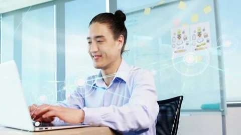 Vertical video: Typing man in blue shirt reacting to network overlay in office, Stock Footage 334036065