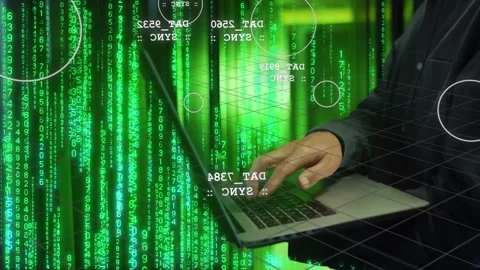 Vertical video: Typing man in dark jacket reacting to HUD activation in studio, Stock Footage 333061303