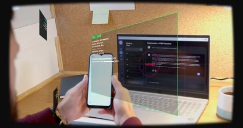 Vertical video: Typing starting HUD, hands picking flipping phone and holding, Stock Footage 330955108