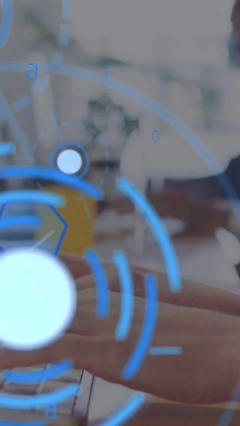 Vertical video: Typist hands lowering into typing keys for tech demo HUD pulsing Stock Footage 335263820
