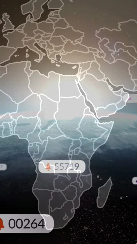 Vertical video: UI appearing, map panning to Africa, counters sliding and Stock Footage 333020438