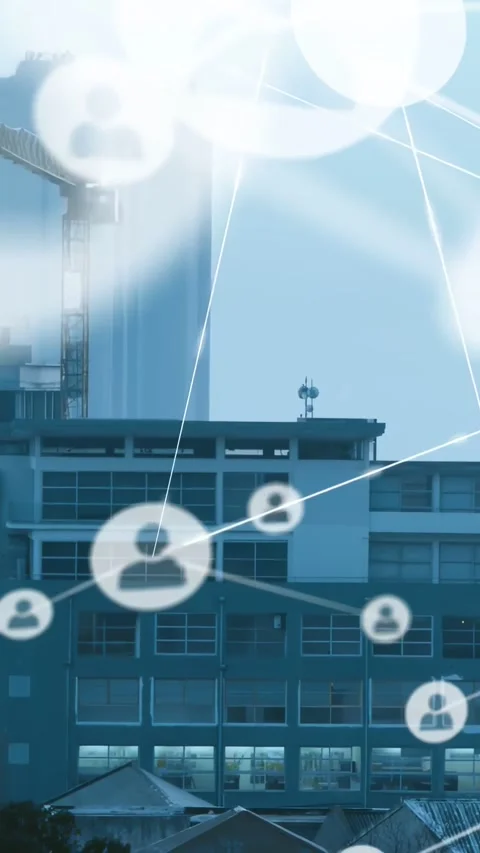 Vertical video: UI circles appearing left forming avatar network across building Stock Footage 334547359