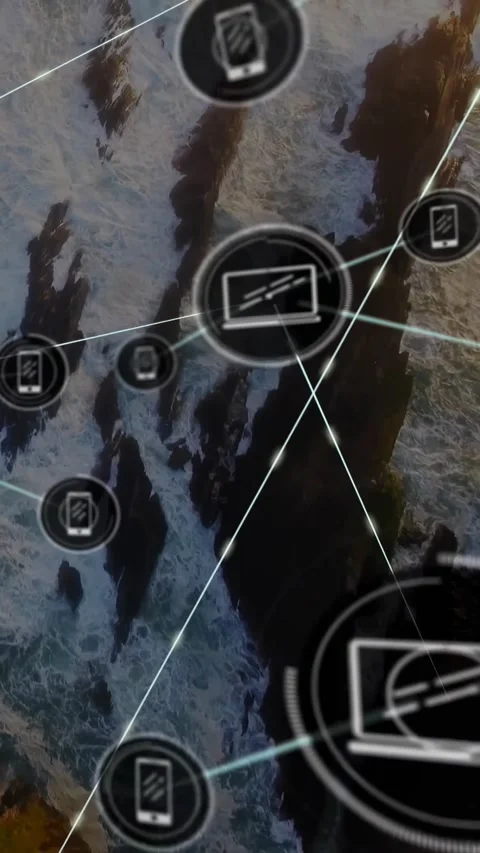 Vertical video: UI dot appearing, laptop and phone icons expanding over coast, Stock Footage 330395669