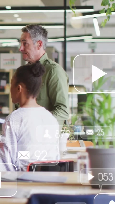 Vertical video: UI driving man in green pointing at paper, woman checking mail Stock Footage 334604514