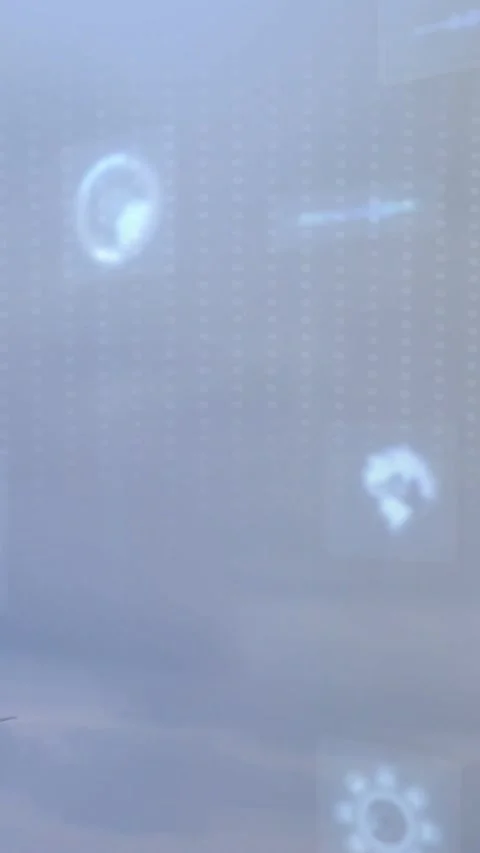 Vertical video: UI globe and gear icons drifting, frames lowering, revealing Stock Footage 334387075