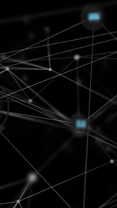 Vertical video: UI hubs pulsing while camera panning, sending data with bell pin Stock Footage 334386188
