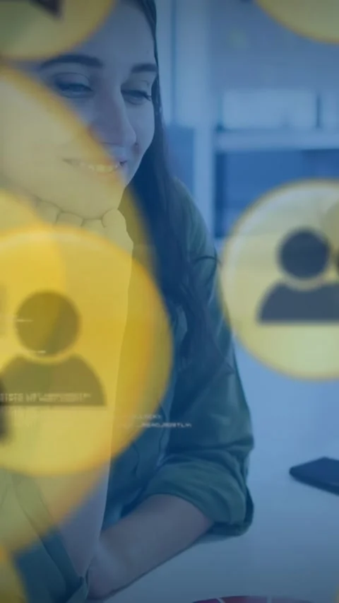 Vertical video: UI overlays appearing, woman resting chin, smiling and turning Stock Footage 334382069